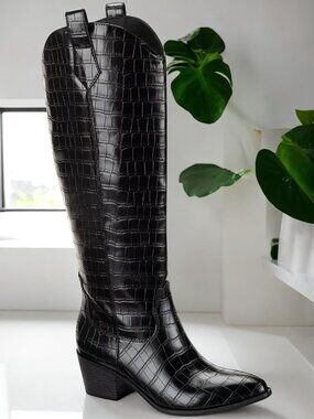 Sun + Stone Dollyy Womens Croc Texture Block Heel Knee High Black Size 9M NIB